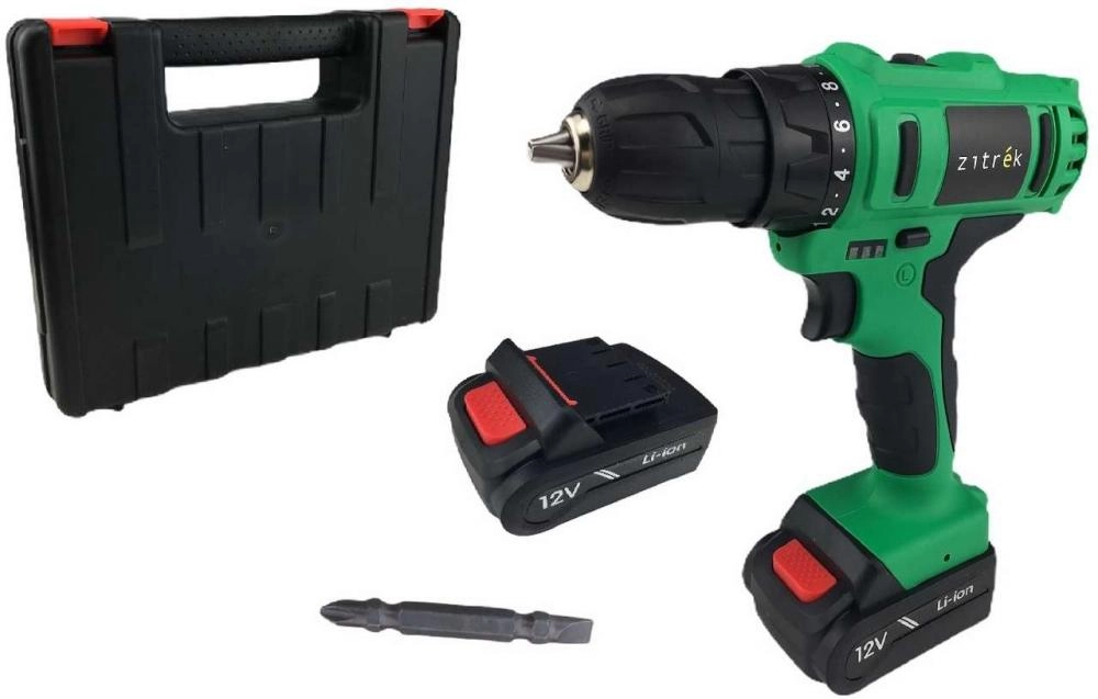 фото дрель аккумуляторная zitrek greenpower 12-li (12в, li-ion аккумулятор 2шт, зу, кейс, бита) 063-4074